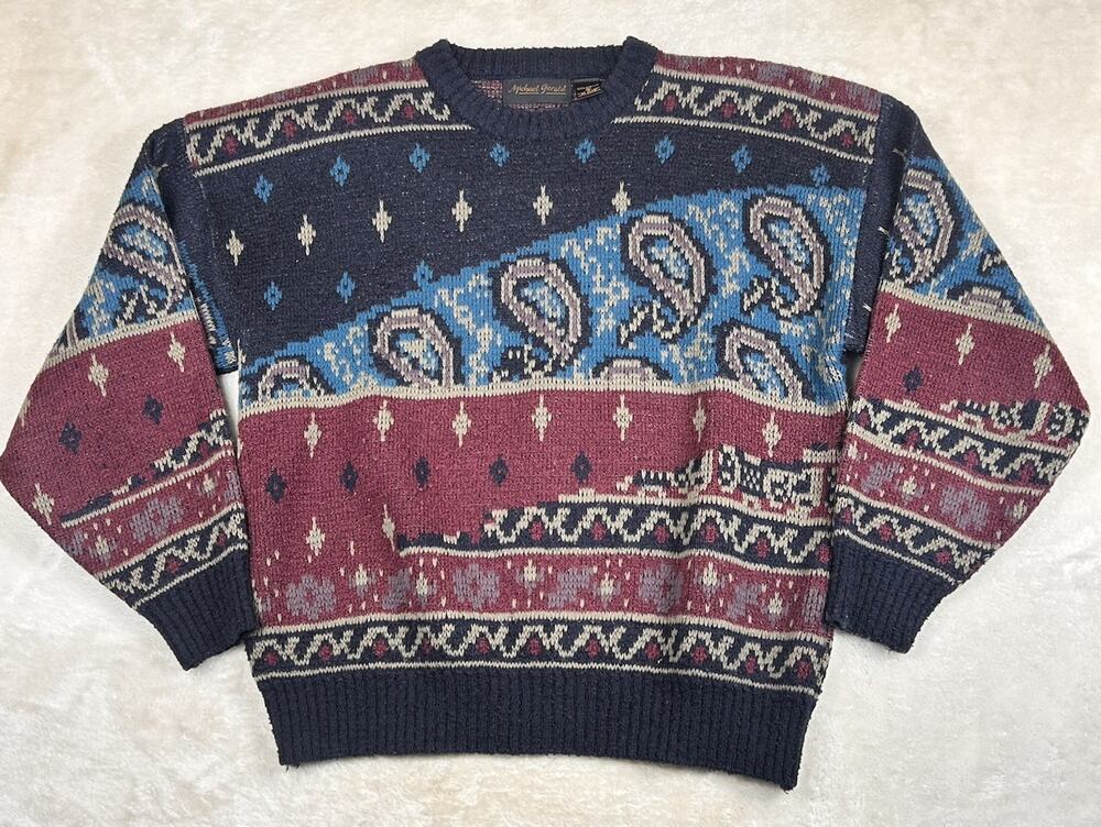Vintage Michael Gerald Mens Knit Pullover Sweater XL Geometric 90s Crewneck